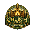 Celtic-style logo on a transparent background featuring an ornate circular green and gold knotwork border. At the center, wooden church doors stand open, revealing a glowing golden altar with a cross inside. A small steeple with a Celtic cross rises above the doorway. The title “The Church Is Open” appears in large gold lettering across the middle, with “Michael McFarland Campbell” in gold text on a curved banner below.