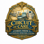 An ornate blue-and-gold shield-style logo for “The Circuit of Care.” At the top is a gold caduceus symbol. Inside the central frame is an illustration of a modern dialysis centre with a reclining treatment chair connected to dialysis equipment. Below the image, the title “The Circuit of Care” appears in large gold serif lettering, with the subtitle “Stories from a fictional dialysis centre:” in smaller gold text beneath. Decorative medical and laurel motifs frame the design.